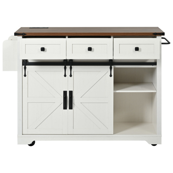  53.7" Farmhouse Kitchen Island with Power Outlet, 2 Sliding Barn Door Kitchen Storage Island with Drop Leaf, Spice Rack Rolling Kitchen Cart on Wheels, for Home, Kitchen and Dining Room, White