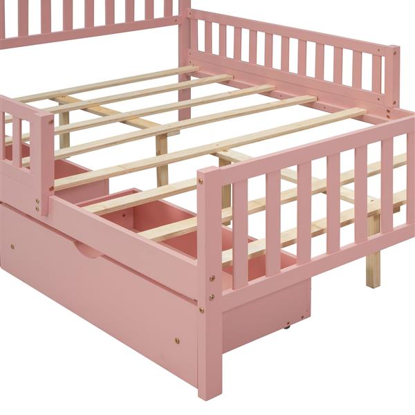 Full Size Wood Platform Bed with Guardrails on Both Sides and Two Storage Drawers ,Pink