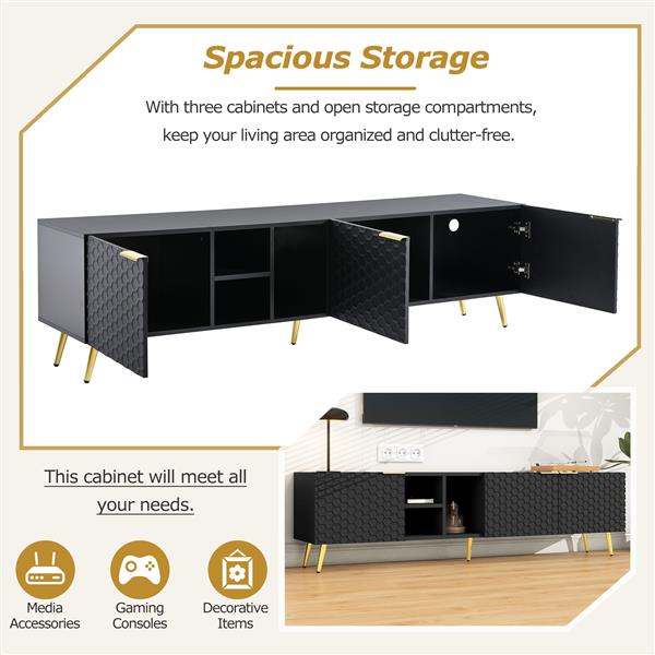 Modern Minimalist Geometric TV Cabinet with Metal Handles and Gold Legs for TVs Up to 80'', Multi-functional TV Stand with Storage Cabinets, Entertainment Center for Living Room, Black