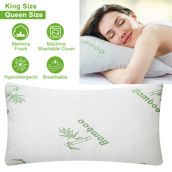 2Pcs Bamboo Memory Foam Pillow Hypoallergenic Bed Pillow For Head Neck Rest Sleeping Shredded Pillow Washable Cover Queen Size Pillow