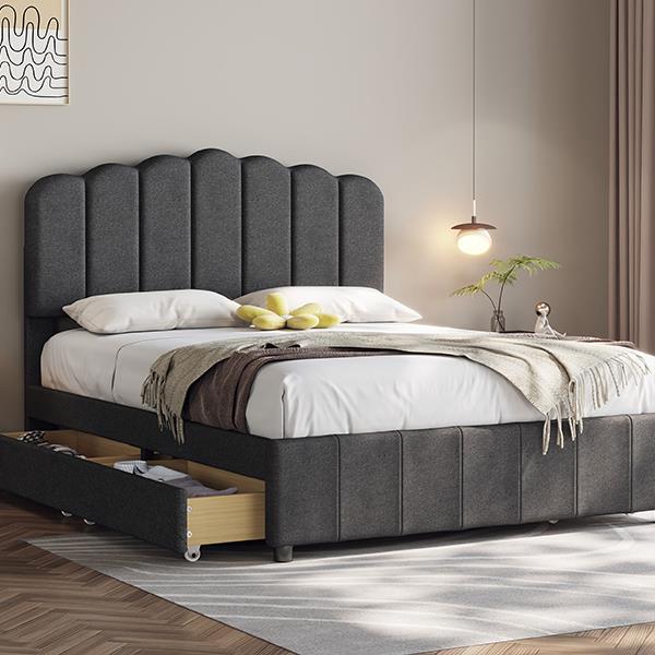 Full Size Upholstered Bed with 4 Storage Drawers,Wood Slat Support, Gray