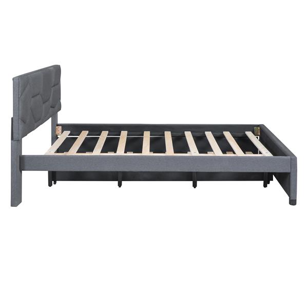 Queen Size Upholstered Platform Bed with Brick Pattern Headboard and Twin XL Size Trundle, Linen Fabric, Gray