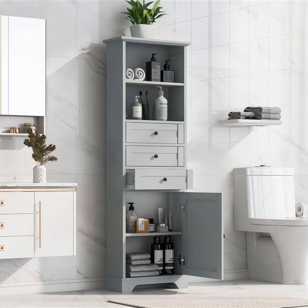 Grey Tall Storage Cabinet with 3 Drawers and Adjustable Shelves for Bathroom, Kitchen and Living Room, MDF Board with Painted Finish