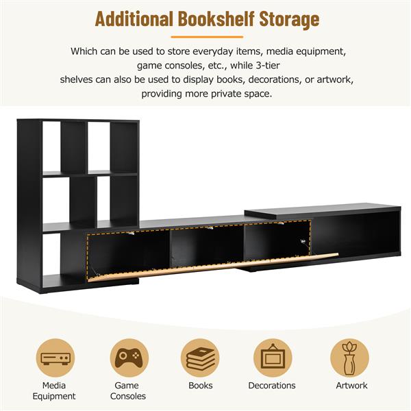 74.8''-126'' Extendable TV Stand with 3 Tier Bookshelves for TVs up to 110'', Adjustable Entertainment Center with Storage Cabinets, Sliding Tabletop Media Console for Living Room, Black