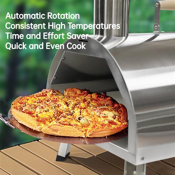 Pizza Oven Outdoor 12" Automatic Rotatable Pizza Ovens Portable Stainless Steel Wood Fired Pizza Oven Pizza Maker with Built-in Thermometer Pizza Cutter Carry Bag