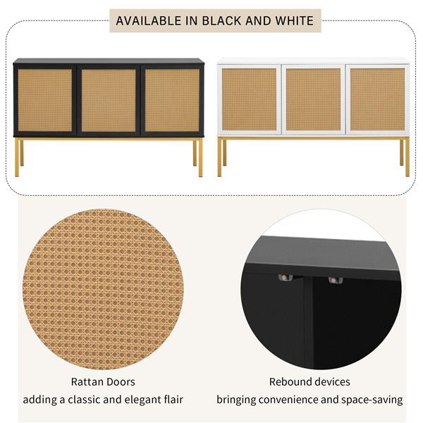 Large Storage Space Sideboard with Artificial Rattan Door and Rebound Device for Living Room and Entryway (Black)