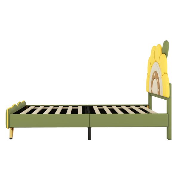 Twin Size Upholstered Platform Bed with Sunflower Shaped Headboard, Green