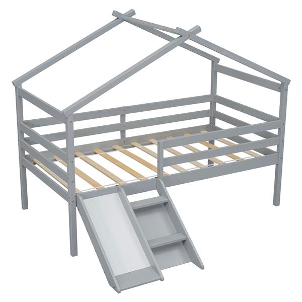 Twin Low Loft House Bed with Slide,  Ladder, Safety Guardrails, House Roof Frame,Grey