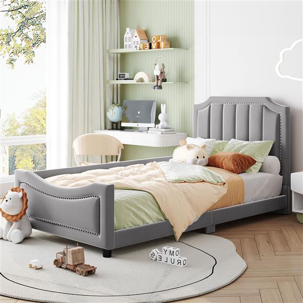 Twin Size Upholstered Daybed with Classic Stripe Shaped  Headboard, Gray