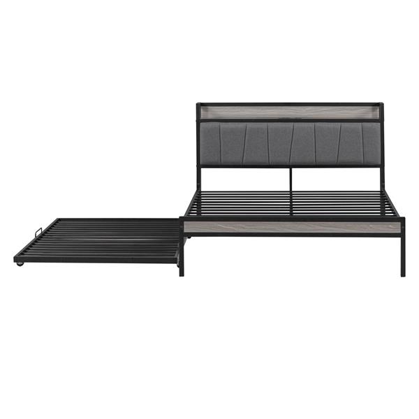 Full Size Metal Platform Bed Frame with Twin size trundle, Upholstered headboard, Sockets, USB Ports and Slat Support, No Box Spring Needed, Black