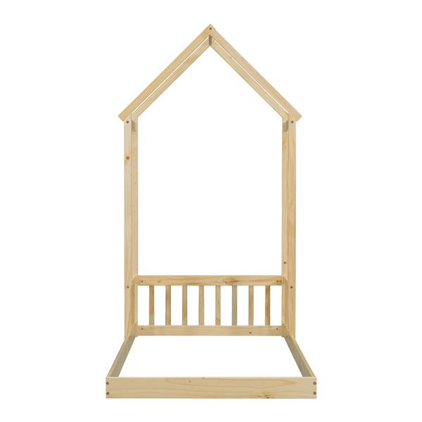 Twin House-shaped Roof Headboard Floor Bed,,(without slats),Natural