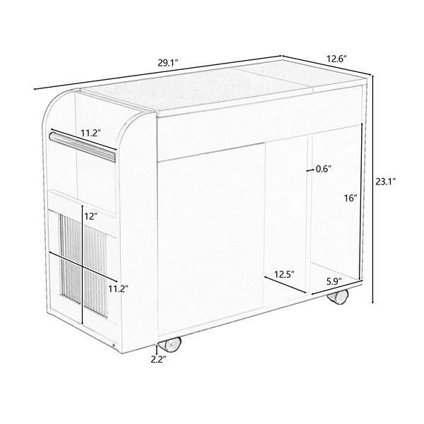 Multifunctional End Table with Wheels, Side Table with Tempered glass door, 2 Storage Shelves, 2 Drawers for Living Room, White