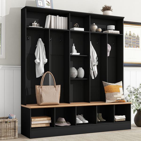 Wide Design Hall Tree with Storage Bench, Minimalist Shoe Cabinet with Cube Storage & Shelves, Multifunctional Coat Rack with 8 Hooks for Entryways, Mudroom, Black