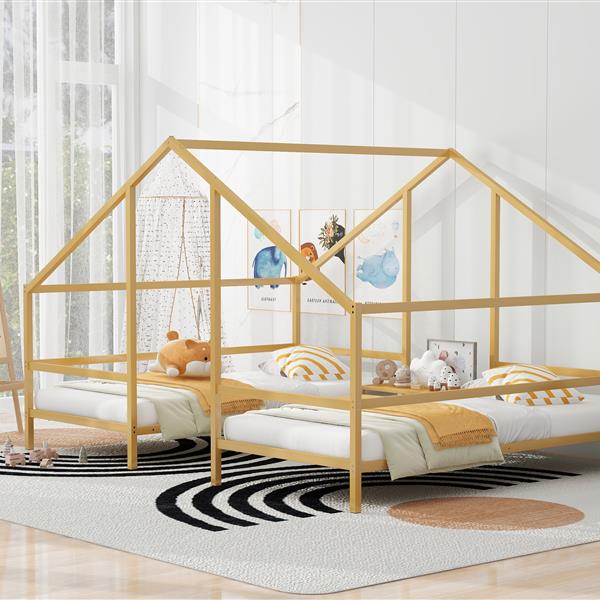 Metal Double Twin Size Triangular House Beds with Built-in Table, Gold