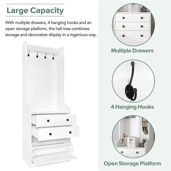 27.5''W Narrow Hall Tree with Flip Drawer, Multi-functional Coat Rack with 4 Hanging Hooks & Drawers,  Adjustable Shoe Storage Cabinet for Hallway, Living Room, White