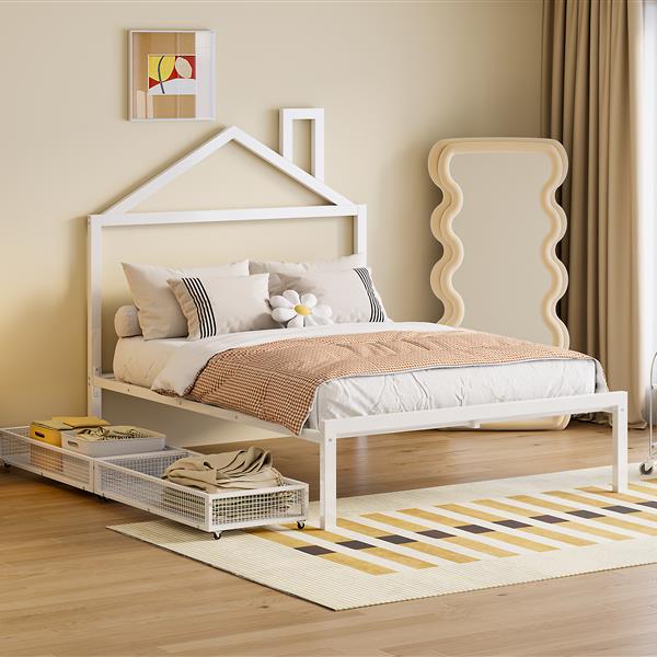 Full Size Metal Platform Bed with two drawers,House-Shaped Headboard Design, White