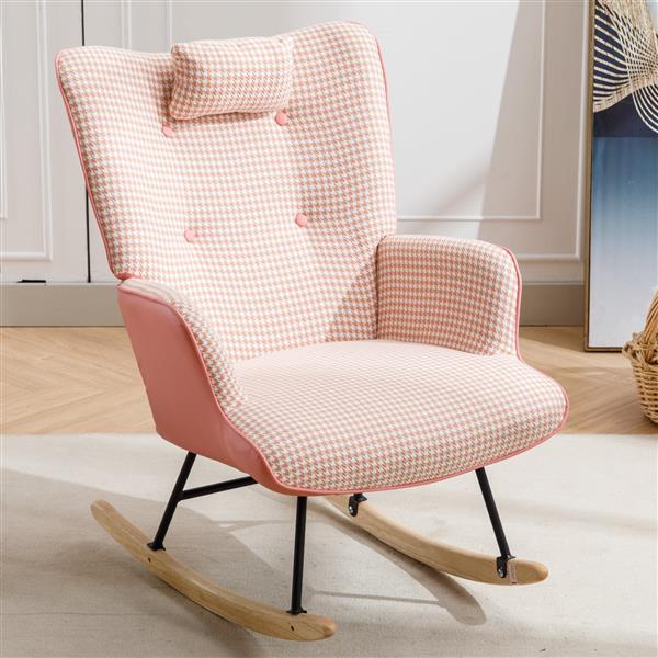 35.5 inch Rocking Chair, Soft Houndstooth Fabric Leather Fabric Rocking Chair for Nursery, Comfy Wingback Glider Rocker with Safe Solid Wood Base for Living Room Bedroom Balcony (pink)