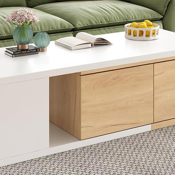 47.2''-57''W Extendable Coffee Table with 2 Storage Drawers, Dual-tone Wood Center Table with Extendable Sliding Tabletop, Multi-functional Hidden Storage Sofa Table for Living Room, White