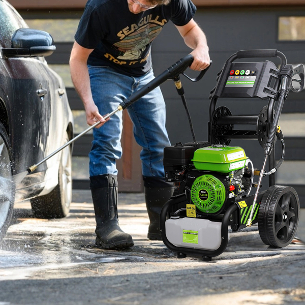 110V 2600PSI 4.8kW with drum winder, gasoline high-pressure cleaner, 5 nozzles+foam kettle