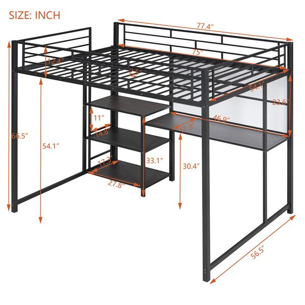 Full Size Loft Bed with Desk and Whiteboard, Metal Loft Bed with 3 Shelves and Ladder, Black