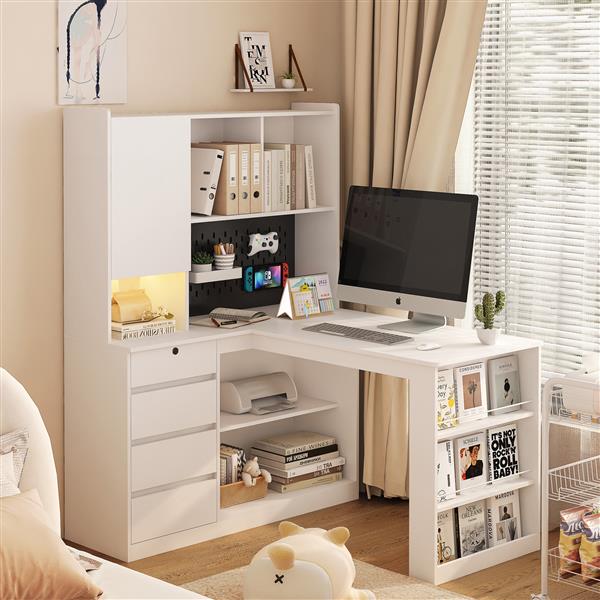 L Shaped Desk with Charger,Computer Desk with Drawers,Bookshelf & Hutchwith LED Light,Modern Corner Desk,Home Office Desk,L-Shaped Study Table Writing Desk,Corner Gaming Computer Desk with Storage