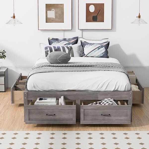 Full Size Platform Bed with 6 Storage Drawers,Antique Gray