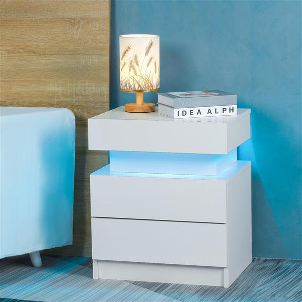 LED Nightstand Modern White Nightstand with Led Lights Wood Led Bedside Table Nightstand with 2 High Gloss Drawers for Bedroom