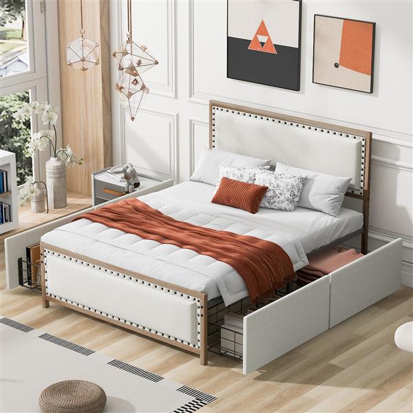 Queen Size Upholstered Platform Bed with Nailhead Decoration and 4 Drawers, Brown