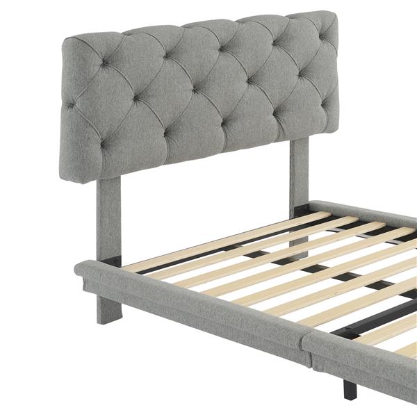 Twin Size Upholstered Bed with Light Stripe, Floating Platform Bed, Linen Fabric,Gray