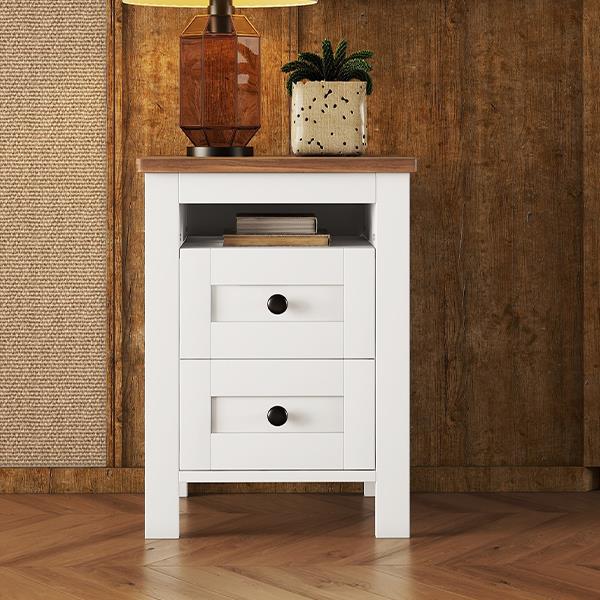 2-Drawer Farmhouse Wooden Nightstand with Well-proportioned Design and Sleek Lines, Wood Side Table with Storage Cabinet for Bedroom, White+Brown