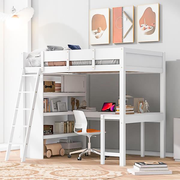 Full Size Loft Bed with Desk and Shelf - White