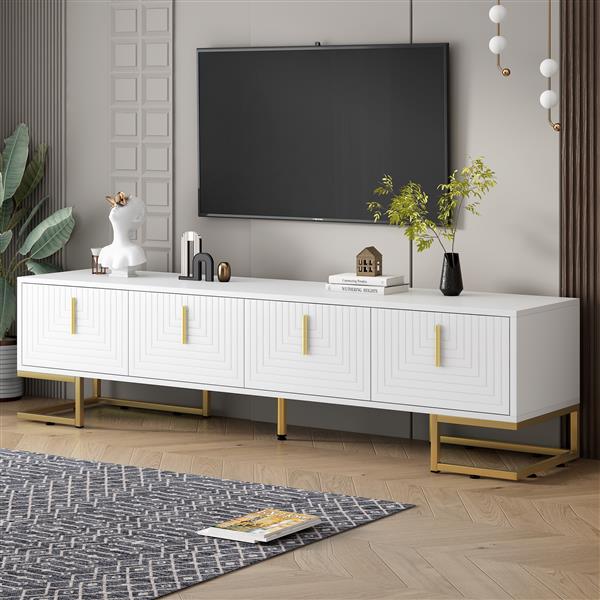 Modern TV Stand with Metal Legs and Gold Handles for TVs Up to 80'', Media Console Table with Cabinets and Adjustable Shelves, Luxury TV Cabinet with Geometric Lines for Living Room, White