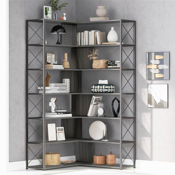 Silver+Grey 7-Tier Bookcase Home Office Bookshelf,  L-Shaped Corner Bookcase with Metal Frame, Industrial Style Shelf with Open Storage, MDF Board