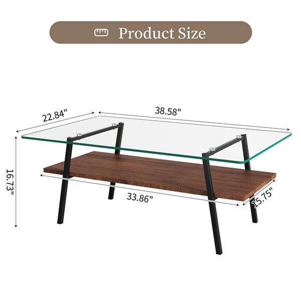 Rectangle Coffee Table, Tempered Glass Tabletop with Black Metal Legs, Modern Table for Living Room , Transparent Glass