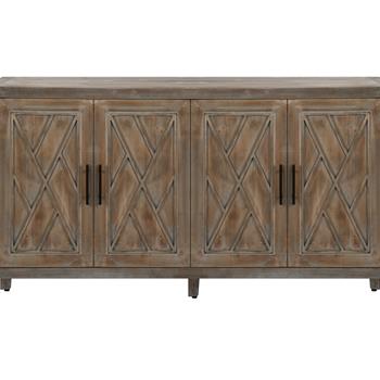 4 门木质斜纹餐柜 美式乡村复古旧式客厅餐厅门厅入口柜（棕色）