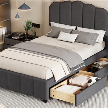 Twin Size Upholstered Bed with 2 Storage Drawers,Wood Slat Support, Gray