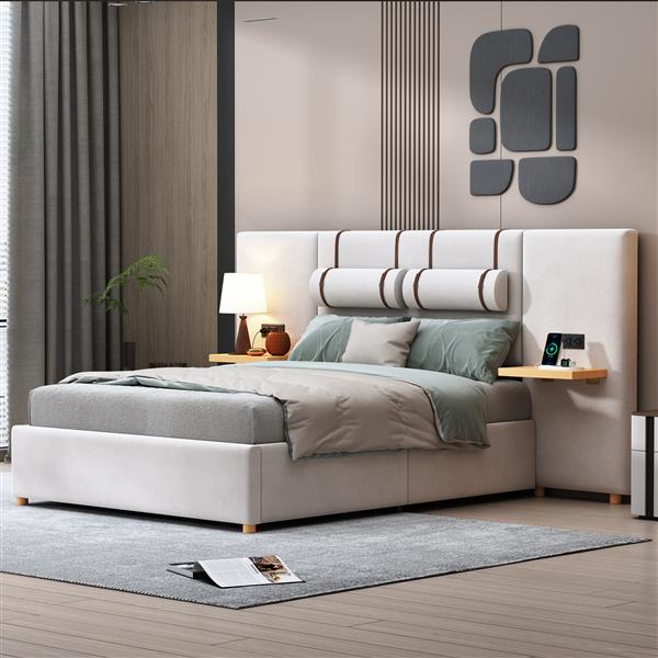 Full Size Upholstered Platform Bed, Two Outlets and USB Charging Ports on Both Sides, Two Bedside Pillows, Storage Shelves, Beige