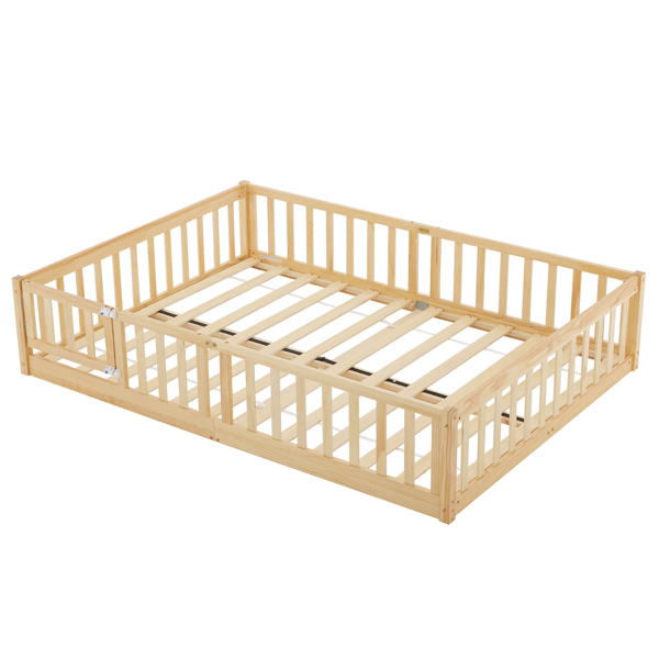 Fence bed with door and decking, natural wood color, painted surface, pine wood, full children's bed