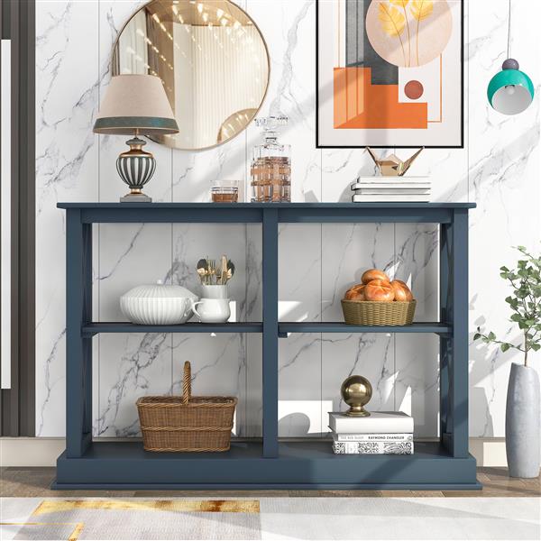 Console Table with 3-Tier Open Storage Spaces and "X" Legs, Narrow Sofa Entry Table for Living Room, Entryway and Hallway (Navy Blue)