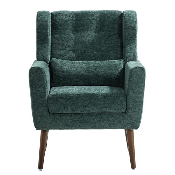 Modern Chair,Chenille Arm Chairs for Living Room,Upholstered Mordern Armchair,Comfy Soft Padded Lounge Chair in Small Space, Bedroom, w/Pillow, Solid Wood Leg (Blackish Green)