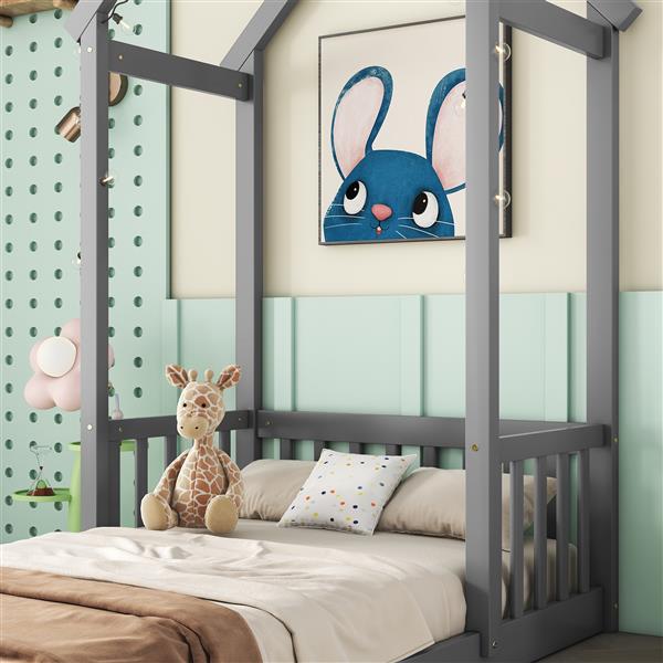 Twin House-shaped Roof Headboard Floor Bed,,(without slats),Grey