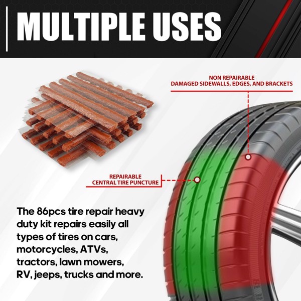 Universal heavy-duty tire repair kit | 58 piece set | Fixed perforations and plug surfaces | Perfect for cars, trucks, motorcycles, ATVs, jeeps, off-road vehicles, RVs, tractors(No shipments on weeken