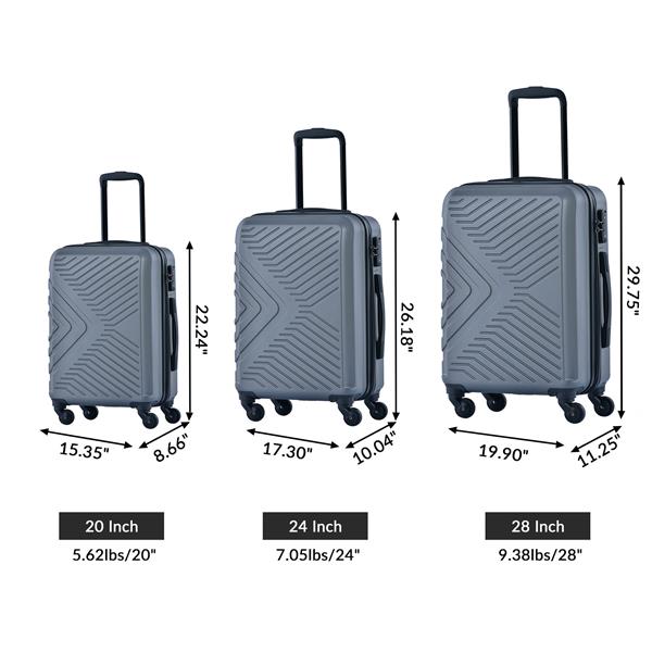 3 Piece Luggage Sets ABS Lightweight Suitcase with Two Hooks, Spinner Wheels, TSA Lock, (20/24/28) Gray