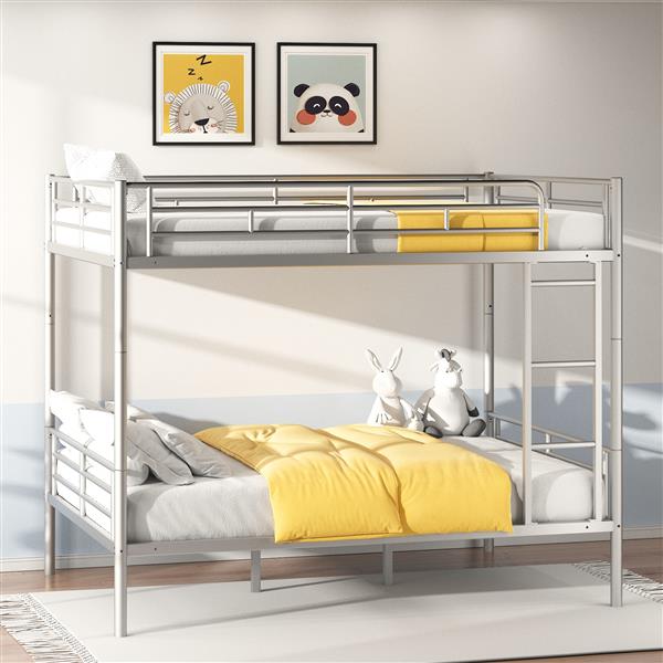 Metal Loft Bed Full Size, Heavy Duty Metal Loft Bed Frame with Dual Ladders & Safety Guardrail, No Box Spring Needed, Space-Saving Loft Bed for Juniors Teens Adults (silver)