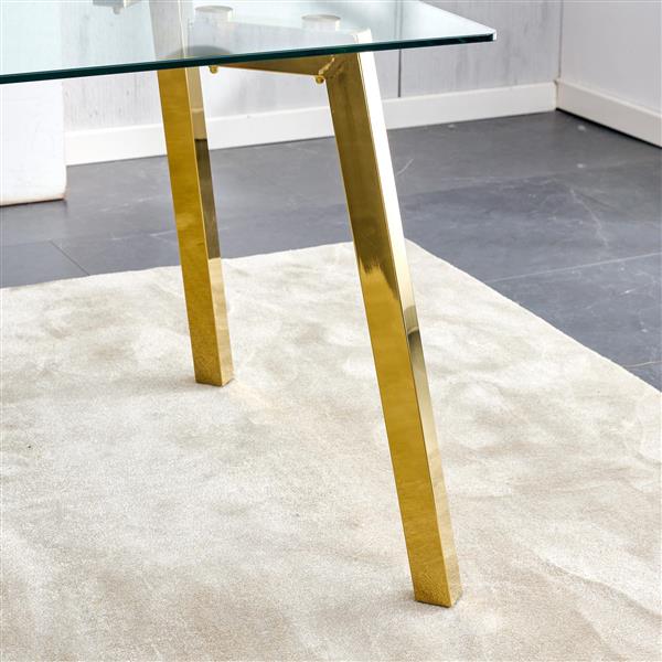 Modern minimalist style rectangular glass dining table with tempered glass tabletop and golden metal legs, suitable for kitchen, dining room, and living room, 63 inches * 35.4 inches * 30 inches