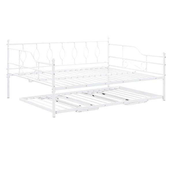 Full Size Metal Daybed with Twin Size Adjustable Trundle, Portable Folding Trundle, White