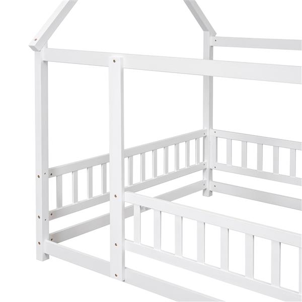 Full Size Floor Wooden Bed with House Roof Frame, Fence Guardrails ,White