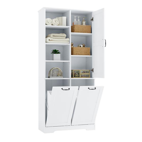 Bathroom Storage Cabinet with Doors and Drawers, Tilt-Out Laundry Hamper, Multiple Storage Space, Freestanding Style, Open Shelve, Adjustable Shelf, White