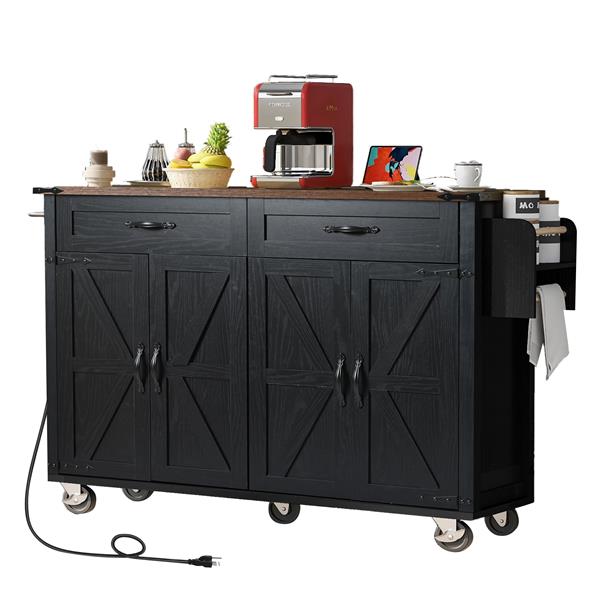 53.5''Farmhouse Kitchen Island with Power Outlet, Kitchen Storage Island with Drop Leaf, Spice Rack and Drawer, Rolling Kitchen Cart on Wheels, for Home, Kitchen and Dining Room, Black