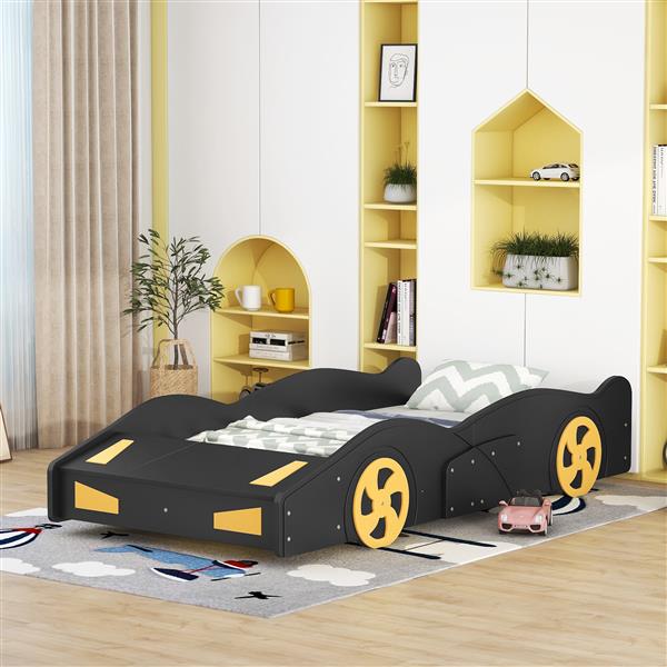 Twin Size Race Car-Shaped Platform Bed with Wheels and Storage, Black+Yellow